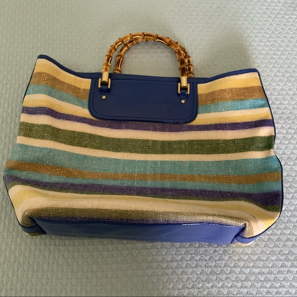 Talbots Woven/Striped tote bag w/bamboo handles - Picture 6 of 11